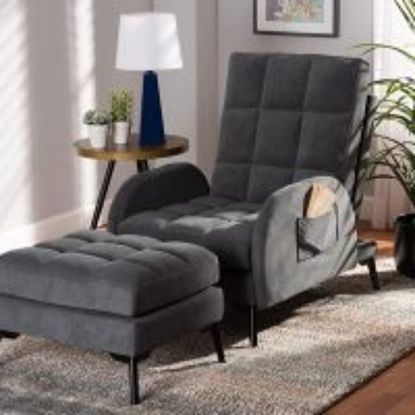 Belden Modern and Contemporary Grey Velvet Fabric Upholstered and Black Metal 2-Piece Recliner Chair and Ottoman Set