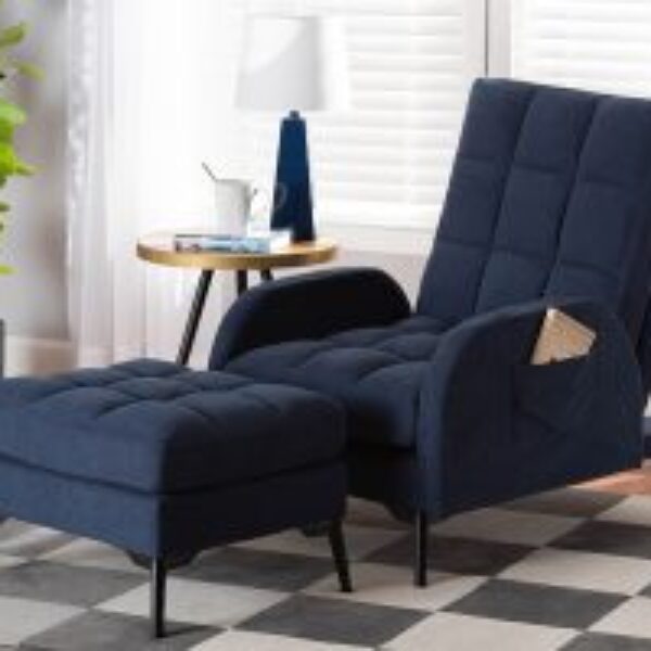 Belden Modern and Contemporary Navy Blue Velvet Fabric Upholstered and Black Metal 2-Piece Recliner Chair and Ottoman Set