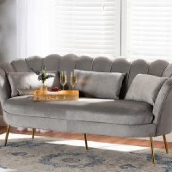 Genia Contemporary Glam and Luxe Grey Velvet Fabric Upholstered and Gold Metal Sofa