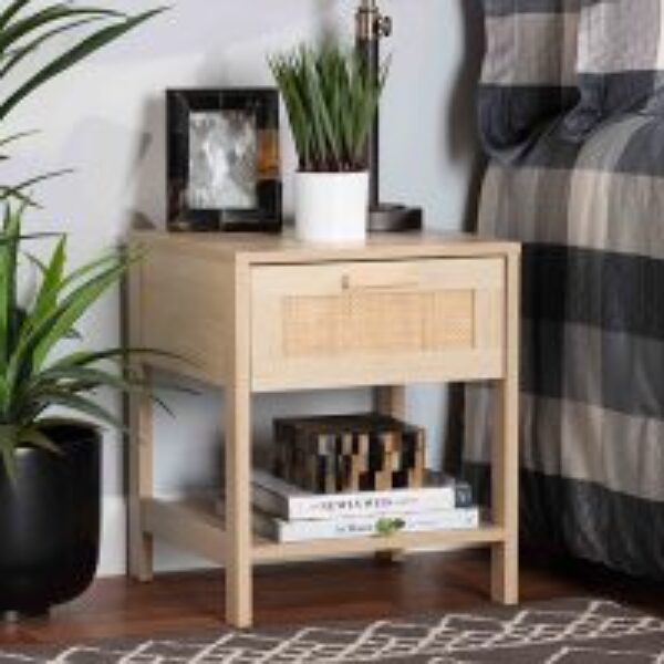 Sebille Mid-Century Modern Light Brown Finished Wood 1-Drawer Nightstand with Natural Rattan