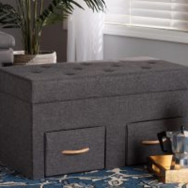 Gerwin Modern and Contemporary Dark Grey Fabric Upholstered and Oak Brown Finished Wood 2-Drawer Storage Ottoman