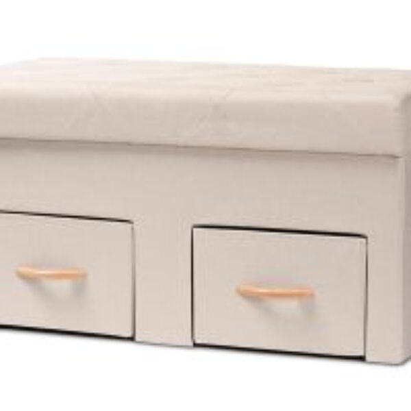 Gerwin Modern and Contemporary Beige Fabric Upholstered and Oak Brown Finished Wood 2-Drawer Storage Ottoman