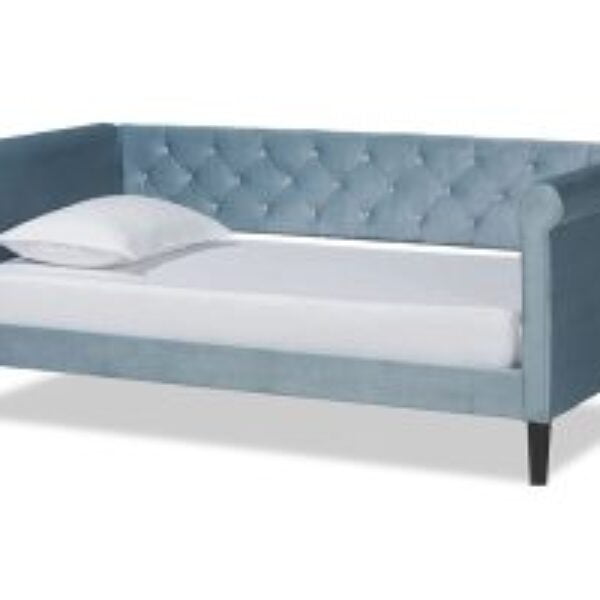 Cora Modern and Contemporary Light Blue Velvet Fabric Upholstered and Dark Brown Finished Wood Full Size Daybed