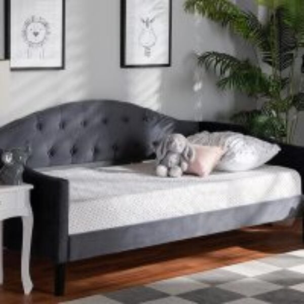 Benjamin Modern and Contemporary Grey Velvet Fabric Upholstered and Dark Brown Finished Wood Twin Size Daybed