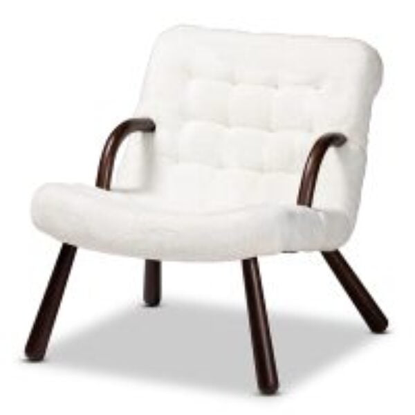 Eisa Modern and Contemporary White Sherpa Upholstered and Walnut Brown Finished Wood Accent Chair
