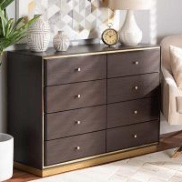 Cormac Modern and Contemporary Espresso Brown Finished Wood and Gold Metal 8-Drawer Dresser