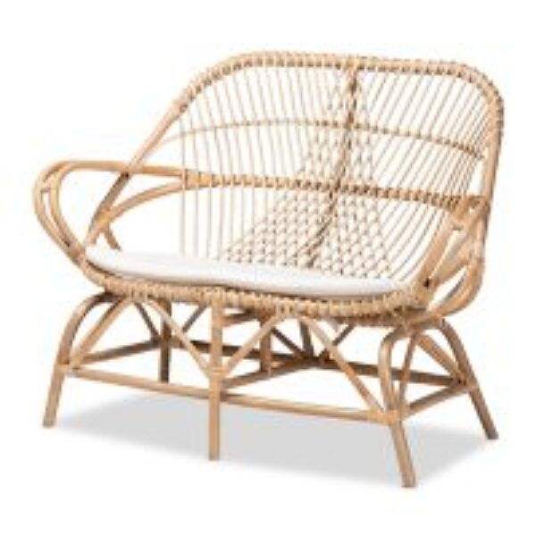 Jayden Modern Bohemian White Fabric Upholstered and Natural Brown Finished Rattan Loveseat