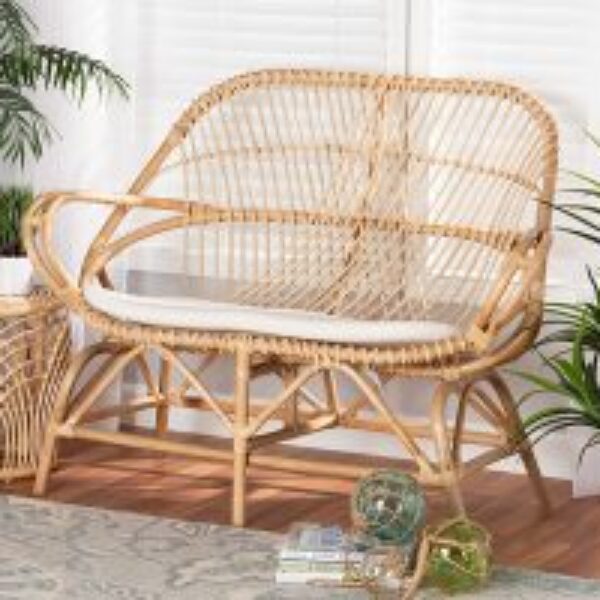 Jayden Modern Bohemian White Fabric Upholstered and Natural Brown Finished Rattan Loveseat