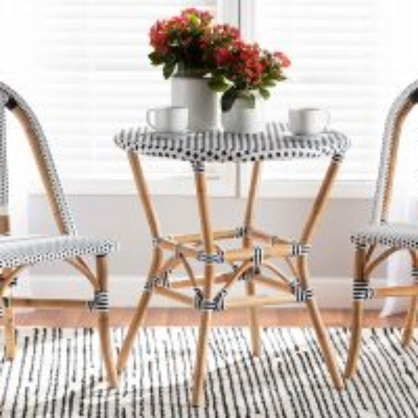 Tavor Classic French Black and White Weaving and Natural Brown Rattan Dining Table