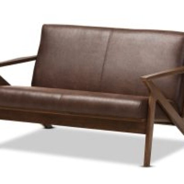 Bianca Mid-Century Modern Walnut Wood Dark Brown Distressed Faux Leather 2-Seater Loveseat