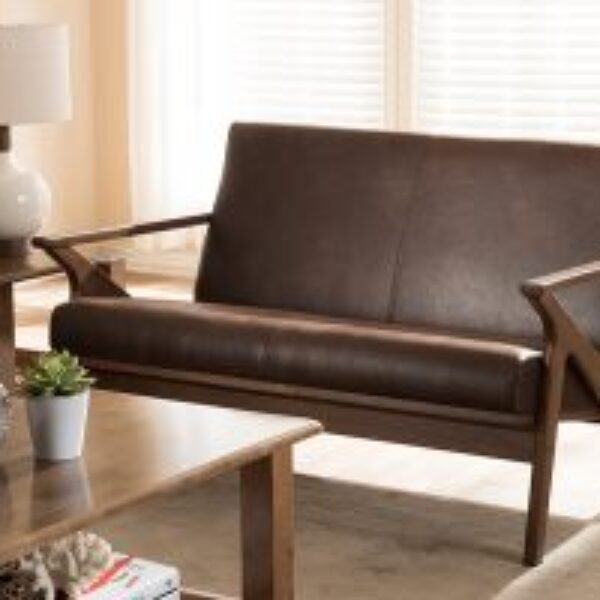 Bianca Mid-Century Modern Walnut Wood Dark Brown Distressed Faux Leather 2-Seater Loveseat