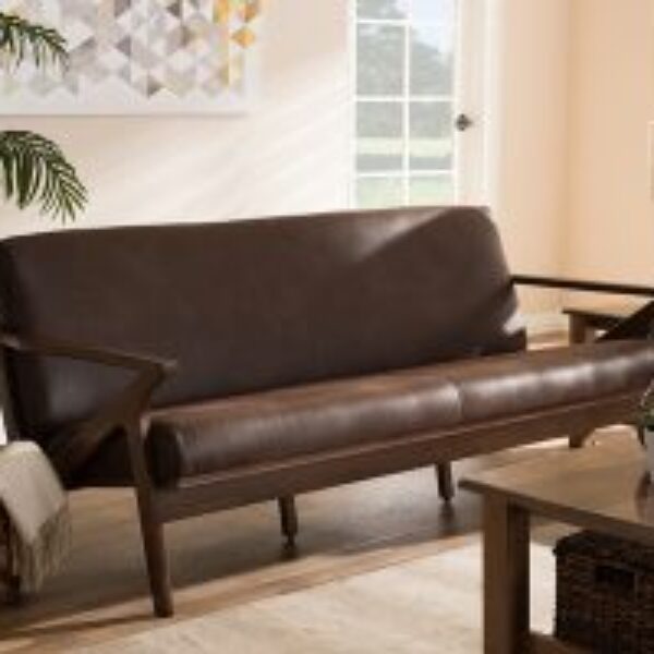 Bianca Mid-Century Modern Walnut Wood Dark Brown Distressed Faux Leather 3-Seater Sofa