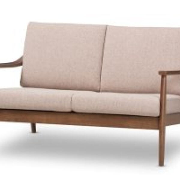 Venza Mid-Century Modern Walnut Wood Light Brown Fabric Upholstered 2-Seater Loveseat