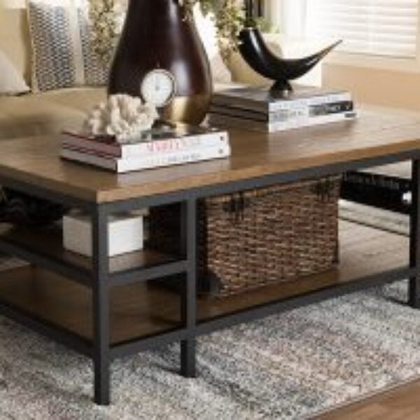 Caribou Rustic Industrial Style Oak Brown Finished Wood and Black Finished Metal Coffee Table