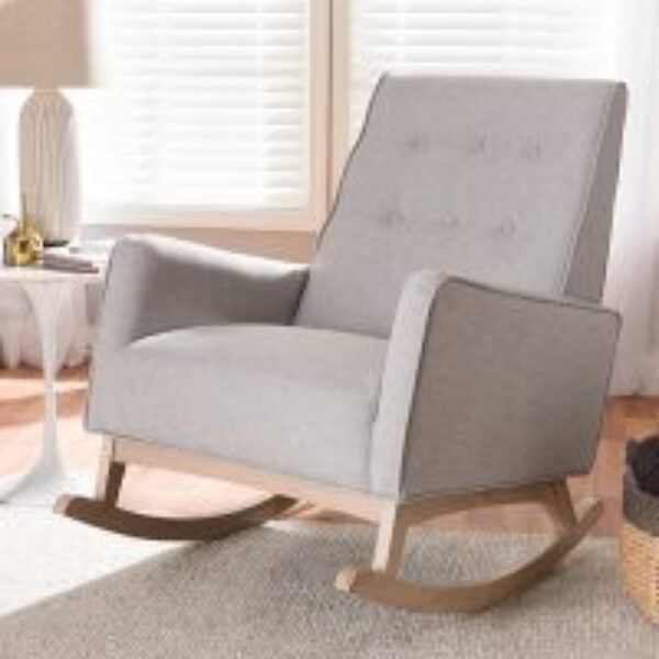 Marlena Mid-Century Modern Greyish Beige Fabric Upholstered Whitewash Wood Rocking Chair