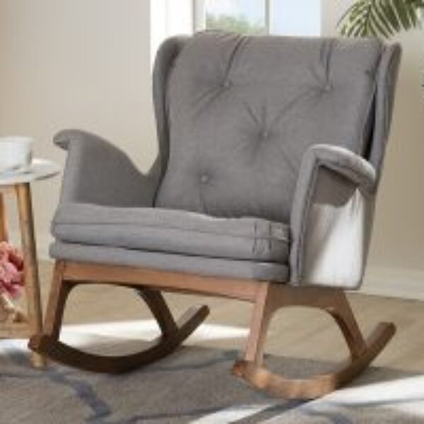 Maggie Mid-Century Modern Grey Fabric Upholstered Walnut-Finished Rocking Chair