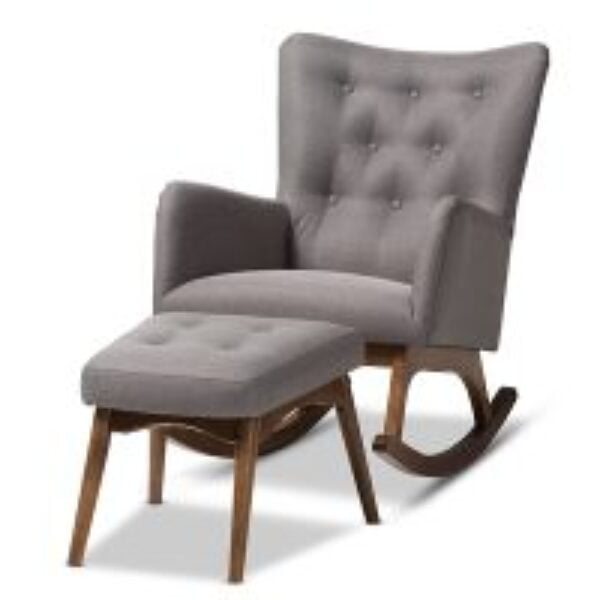 Waldmann Mid-Century Modern Grey Fabric Upholstered Rocking Chair and Ottoman Set