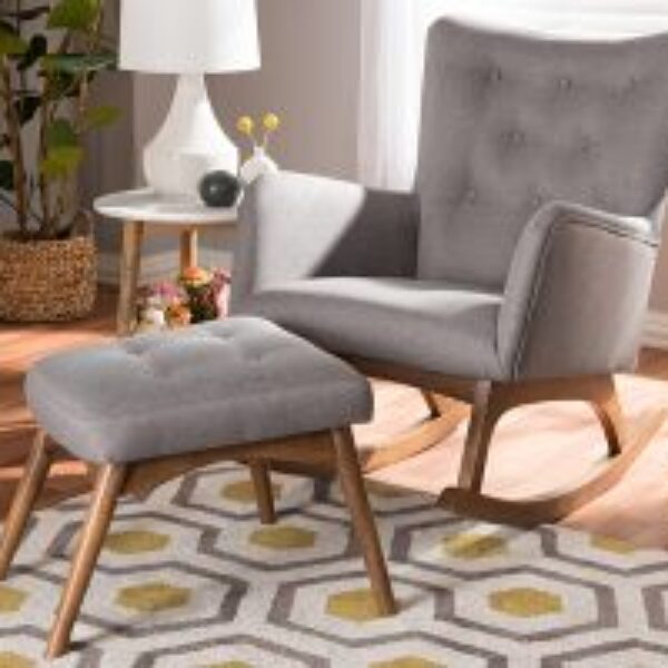 Waldmann Mid-Century Modern Grey Fabric Upholstered Rocking Chair and Ottoman Set