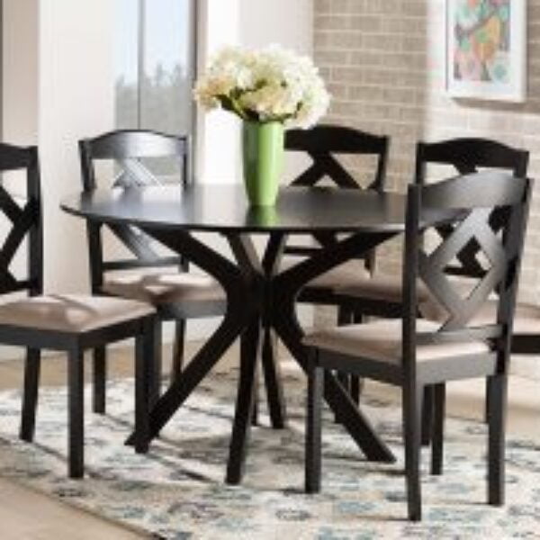 Carlin Sand Fabric Upholstered and Dark Brown Finished Wood 7-Piece Dining Set