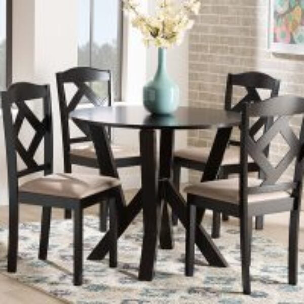 Riona Sand Fabric Upholstered and Dark Brown Finished Wood 5-Piece Dining Set