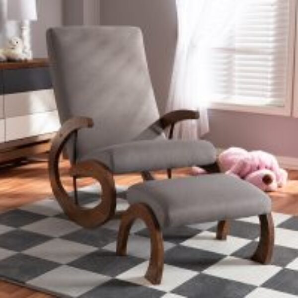 Kaira Modern and Contemporary 2-Piece Gray Fabric Upholstered and Walnut-Finished Wood Rocking Chair and Ottoman Set