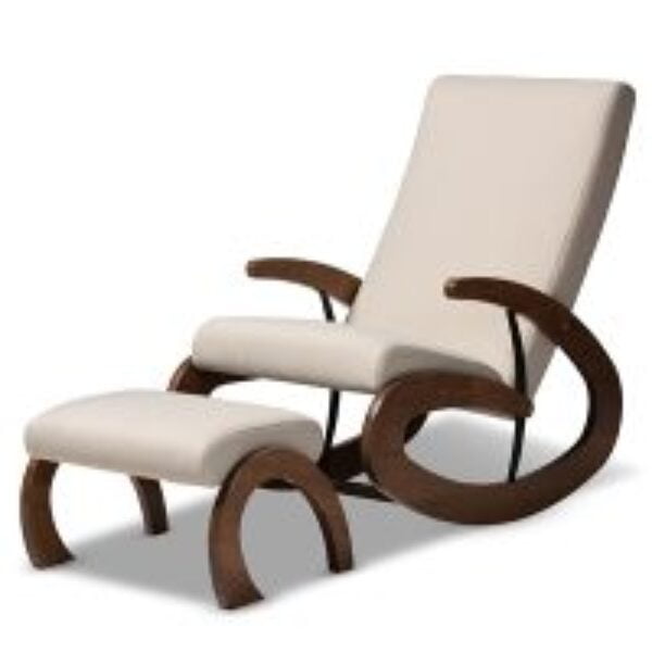 Kaira Modern and Contemporary 2-Piece Light Beige Fabric Upholstered and Walnut-Finished Wood Rocking Chair and Ottoman Set
