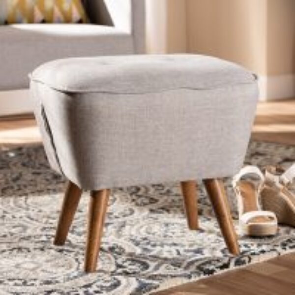 Petronelle Mid-Century Modern Greyish Beige Fabric Upholstered Walnut Brown Finished Wood Ottoman