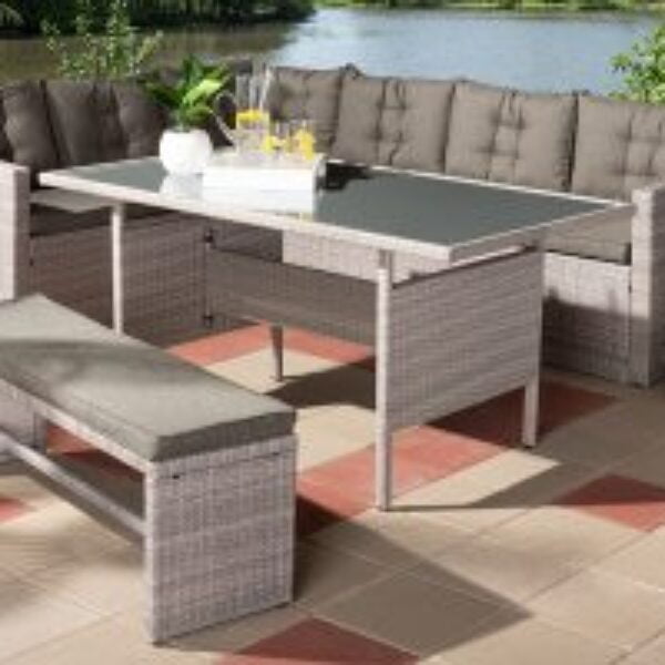 Eneas Modern and Contemporary Dark Grey Fabric Upholstered and Grey Rattan 3-Piece Outdoor Patio Lounge Corner Sofa Set
