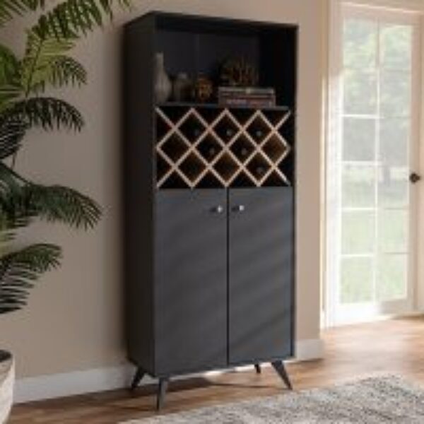 Serafino Mid-Century Modern Dark Grey and Oak Finished Wood Wine Cabinet
