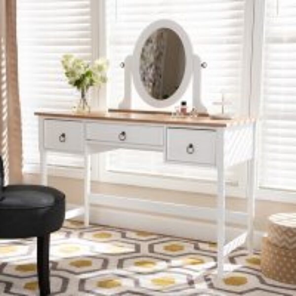Sylvie Classic and Traditional White 3-Drawer Wood Vanity Table with Mirror