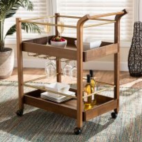 Tahir Modern and Contemporary Walnut Brown Finished Wood and Antique Gold Finished Metal 2-Tier Mobile Bar Cart