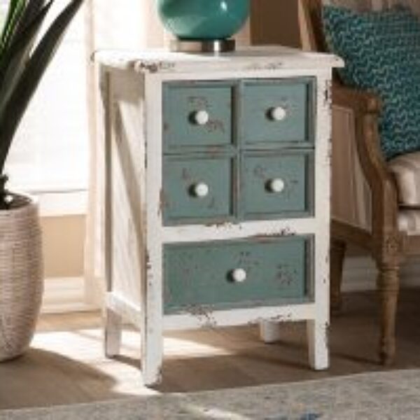 Angeline Antique French Country Cottage Distressed White and Teal Finished Wood 5-Drawer Storage Cabinet