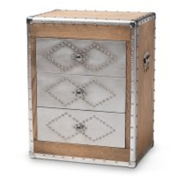 Audric French Industrial Brown Wood and Silver Metal 3-Drawer Accent Storage Cabinet