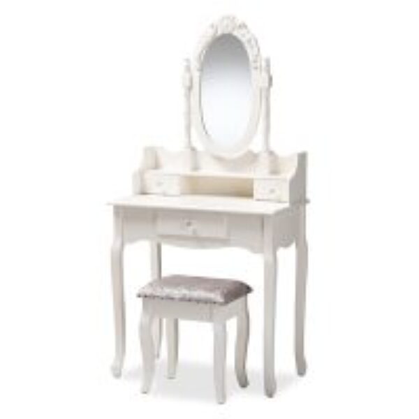 Veronique Traditional French Provincial White Finished Wood 2-Piece Vanity Table with Mirror and Ottoman