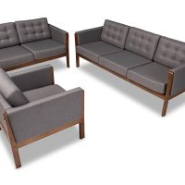Lenne Mid-Century Modern Grey Fabric Upholstered Walnut Finished 3-Piece Living Room Set