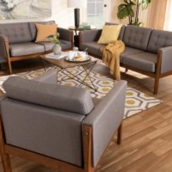 Lenne Mid-Century Modern Grey Fabric Upholstered Walnut Finished 3-Piece Living Room Set