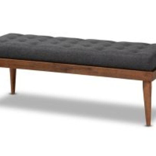 Linus Mid-Century Modern Dark Grey Fabric Upholstered and Button Tufted Wood Bench