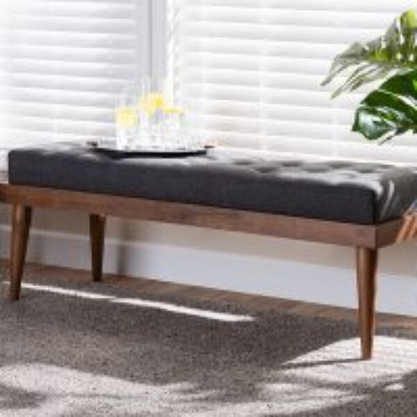 Linus Mid-Century Modern Dark Grey Fabric Upholstered and Button Tufted Wood Bench