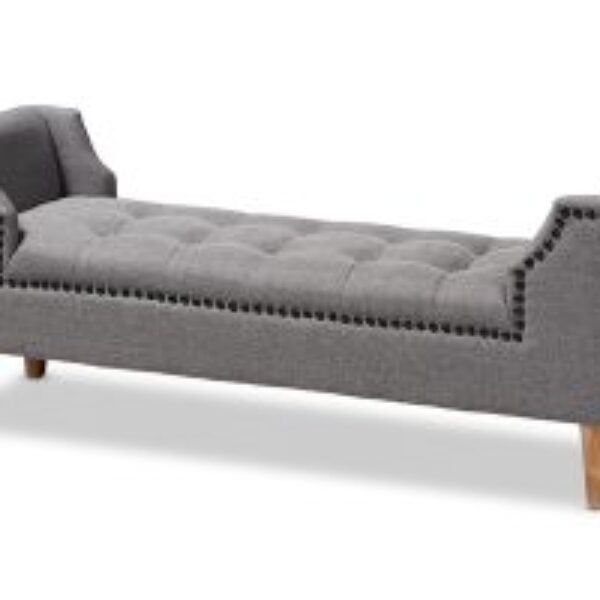 Perret Modern and Contemporary Gray Linen Fabric Upholstered Oak Brown Finished Wood Bench