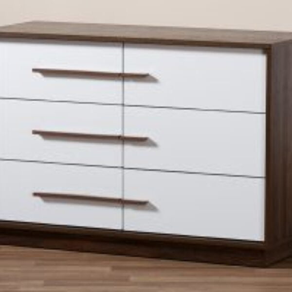 Mette Mid-Century Modern Two-Tone White and Walnut Finished 6-Drawer Wood Dresser