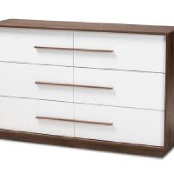 Mette Mid-Century Modern White and Walnut Finished 6-Drawer Wood Dresser