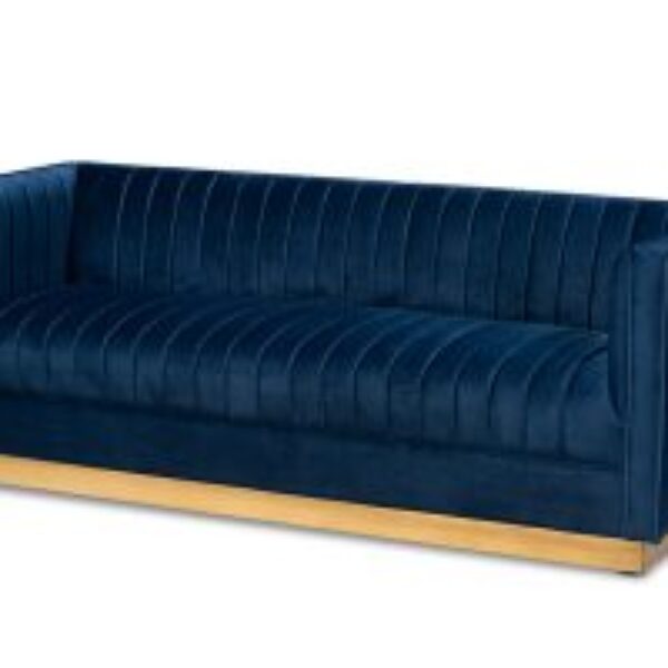 Aveline Glam and Luxe Navy Blue Velvet Fabric Upholstered Brushed Gold Finished Sofa