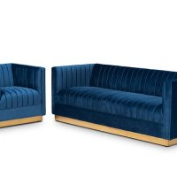Aveline Glam and Luxe Navy Blue Velvet Fabric Upholstered Brushed Gold Finished 2-Piece Living Room Set
