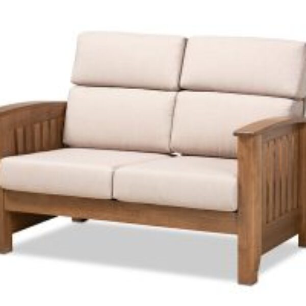 Charlotte Modern Classic Mission Style Taupe Fabric Upholstered Walnut Brown Finished Wood 2-Seater Loveseat