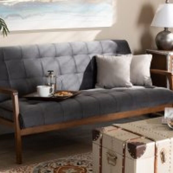 Asta Mid-Century Modern Grey Velvet Fabric Upholstered Walnut Finished Wood Sofa