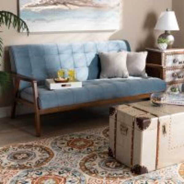 Asta Mid-Century Modern Light Blue Velvet Fabric Upholstered Walnut Finished Wood Sofa