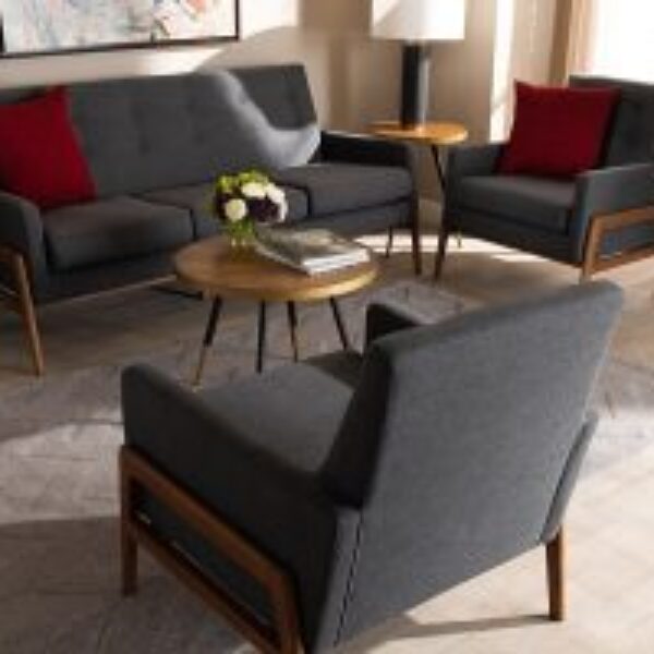 Perris Mid-Century Modern Dark Grey Fabric Upholstered Walnut Finished Wood 3-Piece Living Room Set