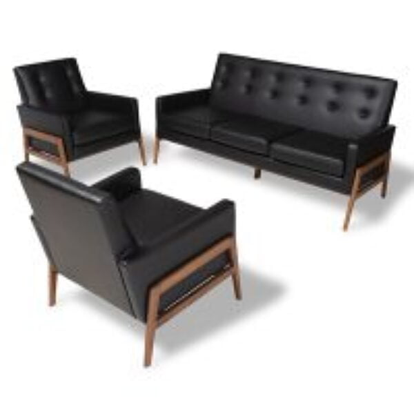Perris Mid-Century Modern Black Faux Leather Upholstered Walnut Finished Wood 3-Piece Living Room Set