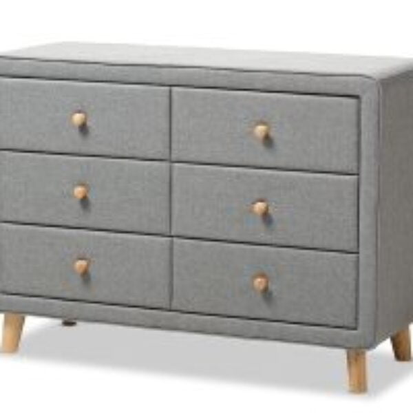 Jonesy Mid-Century Grey Fabric Upholstered 6-Drawer Dresser