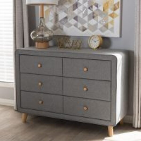 Jonesy Mid-Century Grey Fabric Upholstered 6-Drawer Dresser